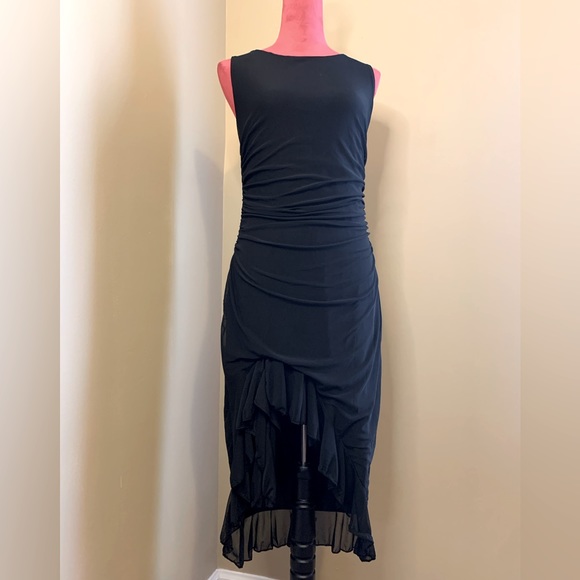 BLACK ASYMMETRICAL RUFFLE HEM RUCHED DRESS - Picture 10 of 13